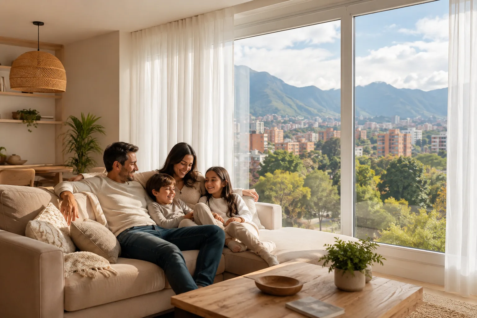 Familia disfrutando de un hogar silencioso con ventanas FÖNSTER